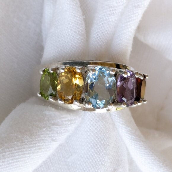 Sterling Sz 8 Multi Gemstone Cocktail Ring - Picture 1 of 12